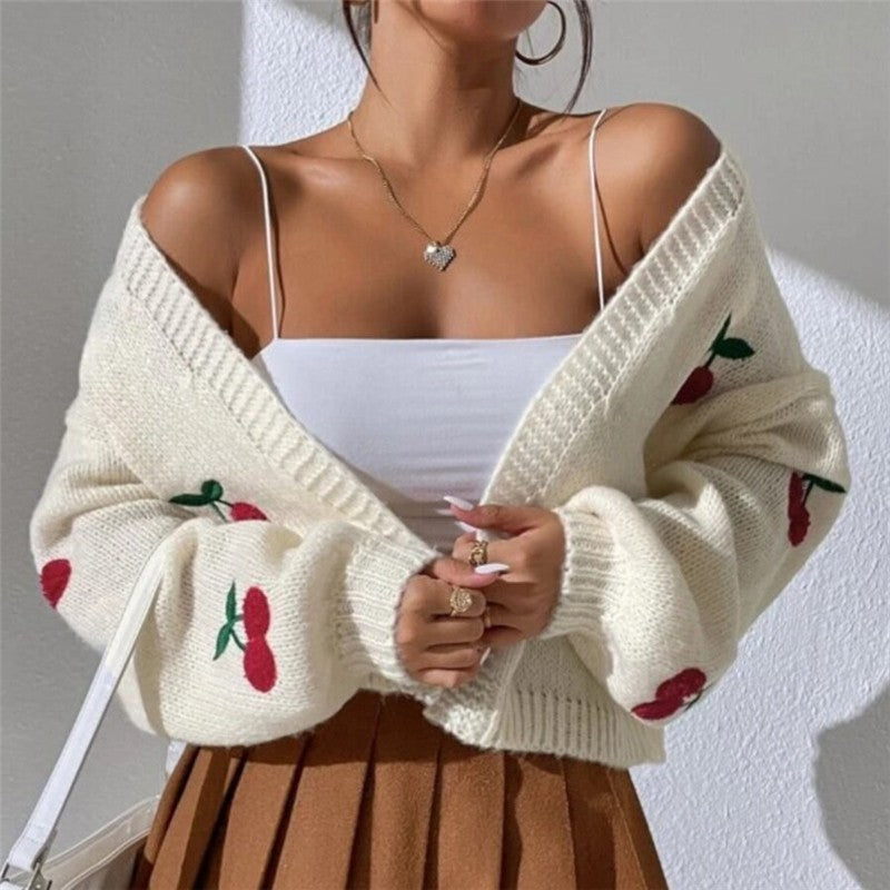 Loose Fit Embroidered Knit Cardigan Without Buttons