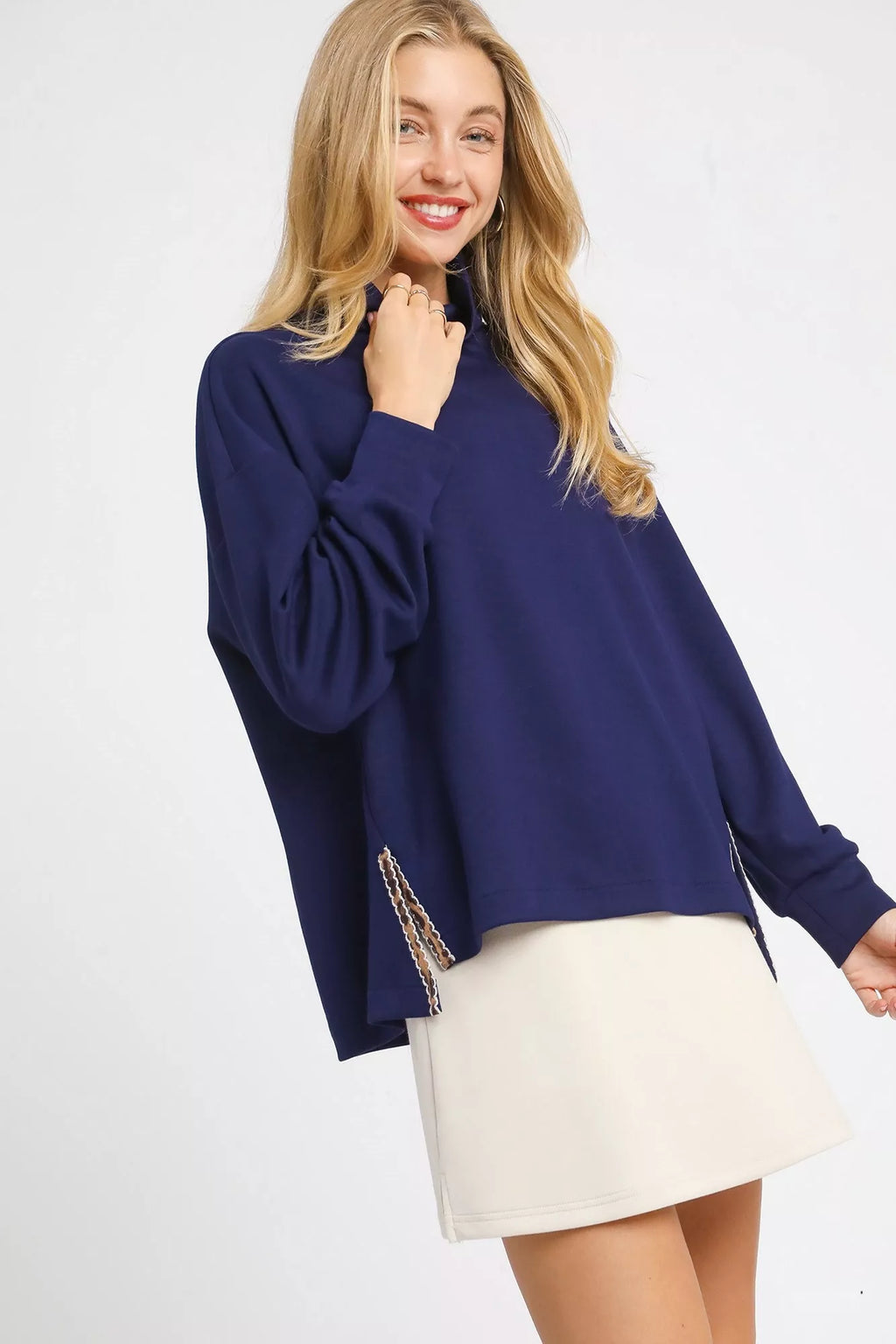 Turtle Neck Dolman Sleeve Side Slit Sweater with Contrast Detail