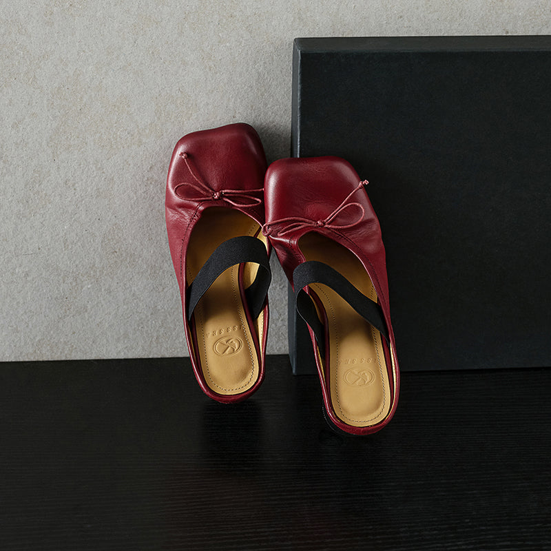 Women's Washed Cowhide Leather Ballet Mule Block Heel Sandals | Elastic Strap Open-Back Heels