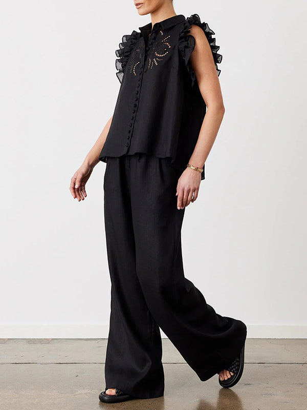 High Waisted Loose Pockets Solid Color Pants Trousers