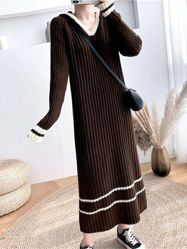 Urban Long Sleeves Loose Striped V-Neck Hooded Sweater Dresses