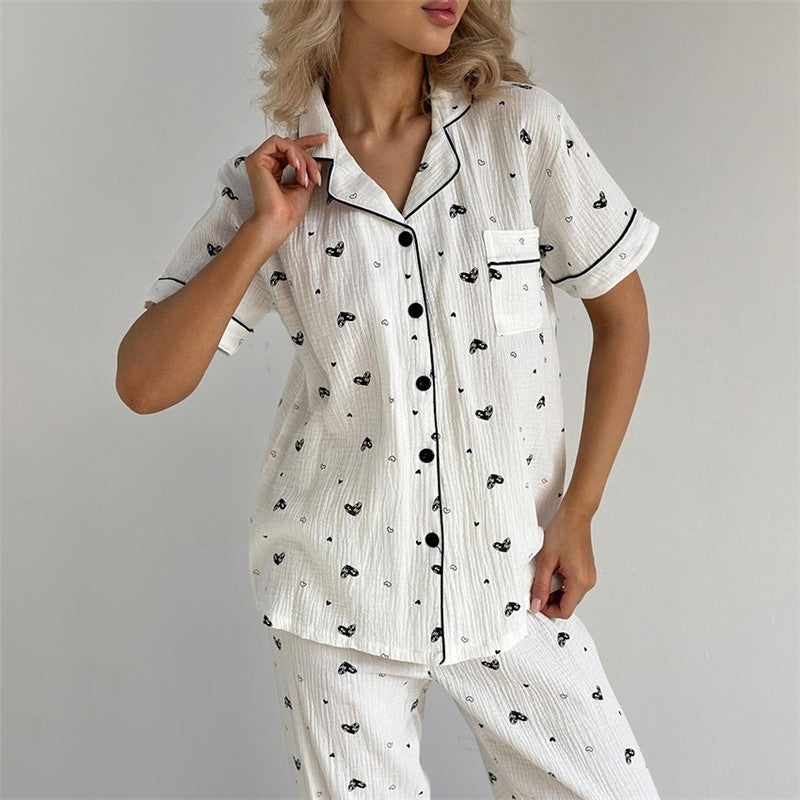 Home Wear Set: Printed Short Sleeve Top with Long Pants