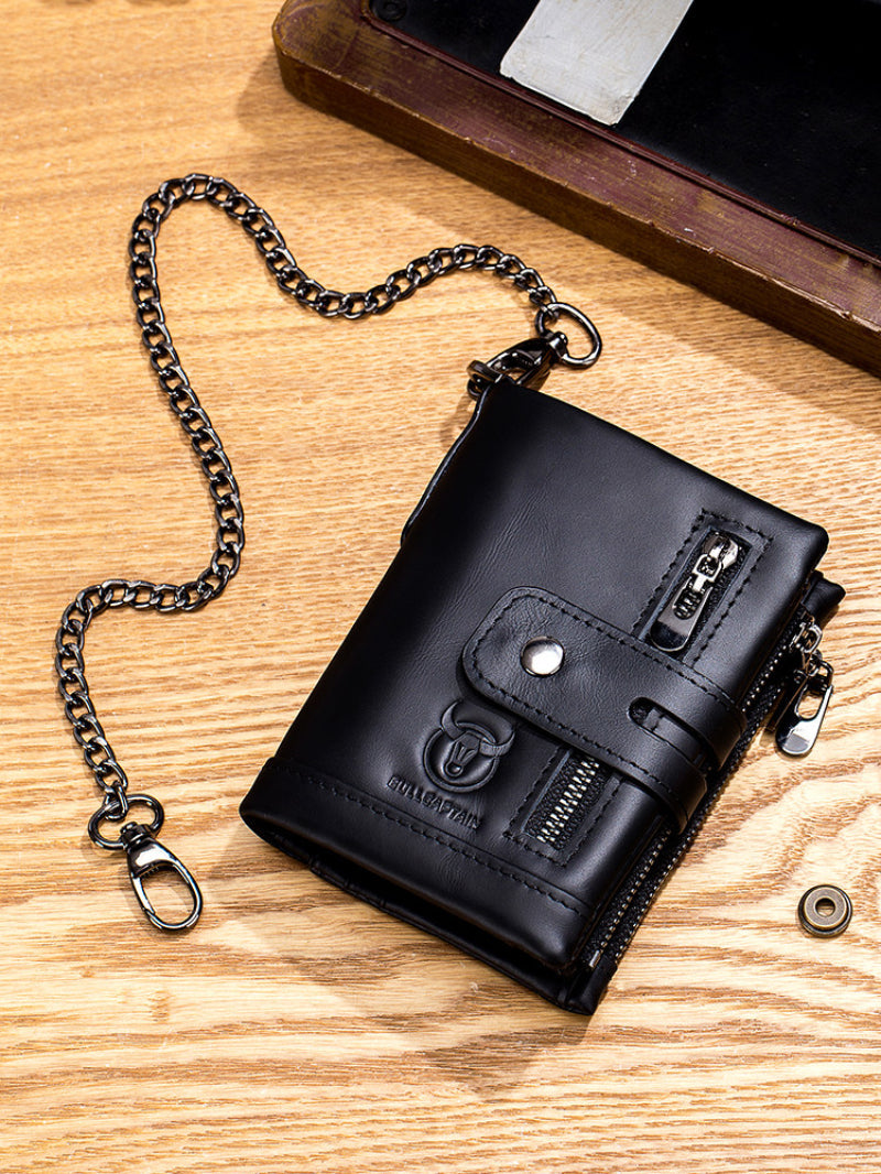 Retro Genuine Leather Bifold Wallet with Dual Zippers | Coin & Card Organizer