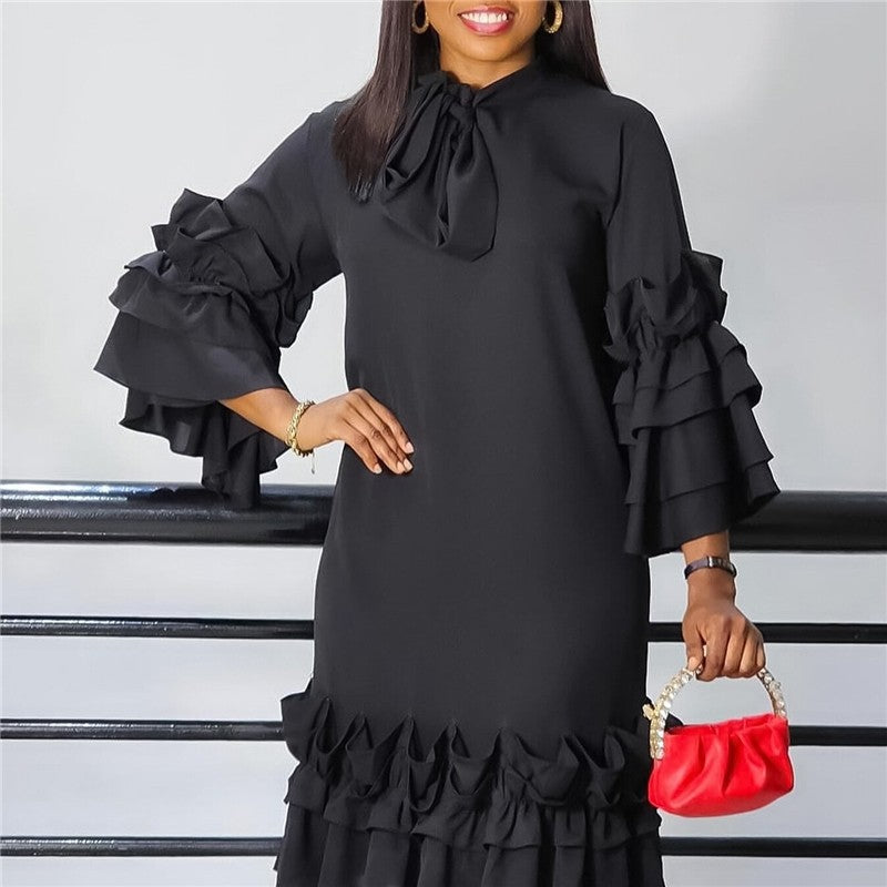 Stylish Ruffle Hem Trumpet Sleeve Dress