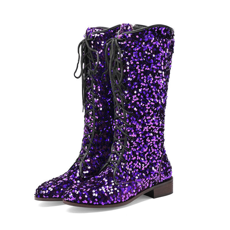 Women's Glitter Sequin Over-the-Knee Boots | Chunky Mid Heel, Lace-Up, Round Toe