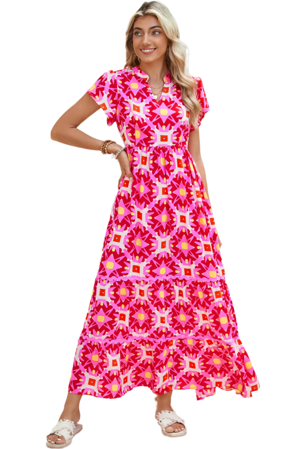 Strawberry Pink Abstract Print Pleated Flounce Sleeve Maxi Dress