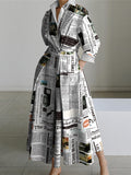 Loose Fit Long Sleeve Midi Dress with Letter Print and Lapel Collar