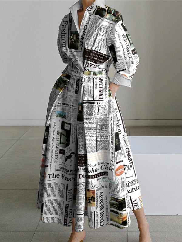 Loose Fit Long Sleeve Midi Dress with Letter Print and Lapel Collar