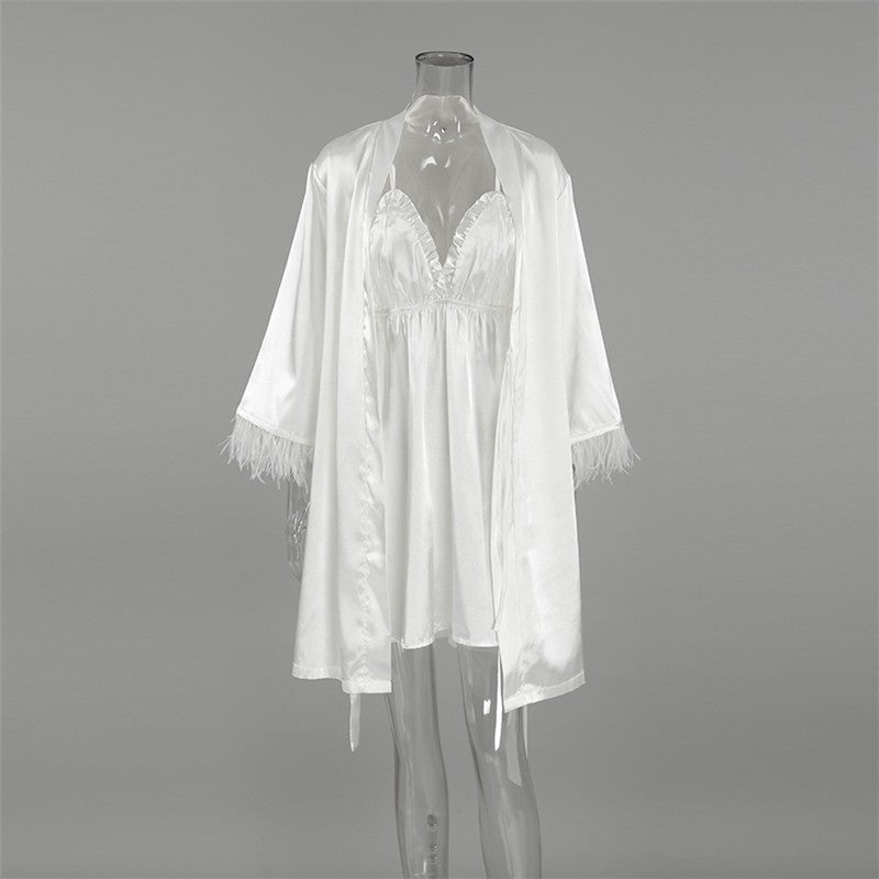 Feather Patchwork Satin Slip Dress with Long Sleeves