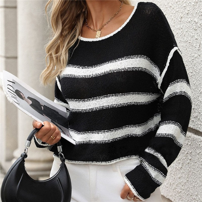 Long Sleeve Crewneck Contrast Color Casual Loose Pullover Sweater