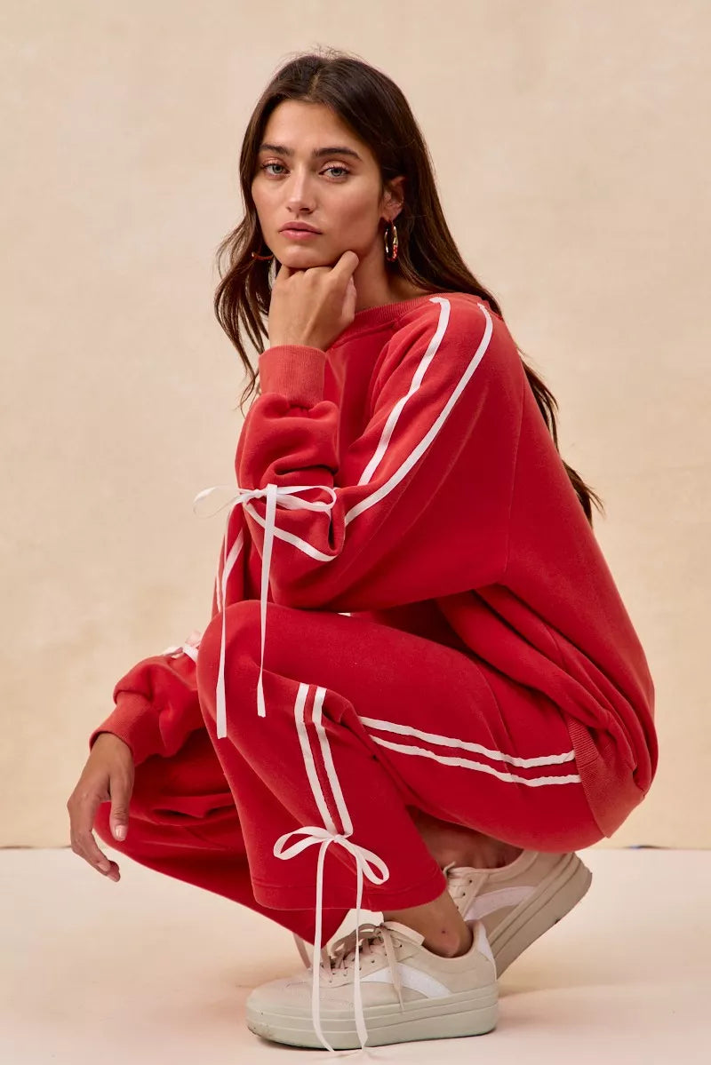 Side Lined Bow Details Fleece Sweatpants