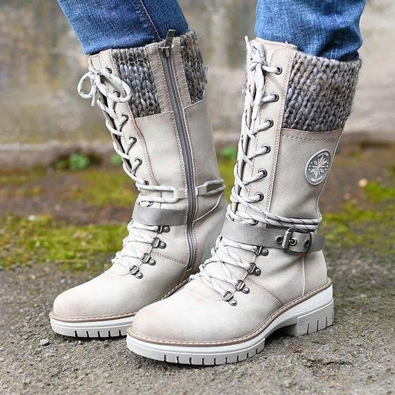 Women's Round-Toe Square-Heel Buckle Boots | Knit-Mesh Dr Martens-Style Ankle Boots