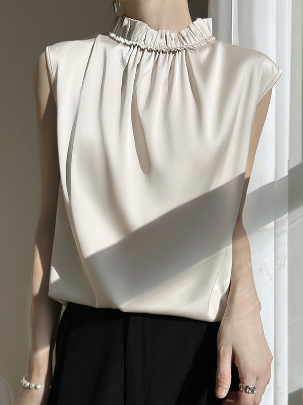 Loose Sleeveless Pleated Ruffle Trim Solid Color Stand Collar Vest Top