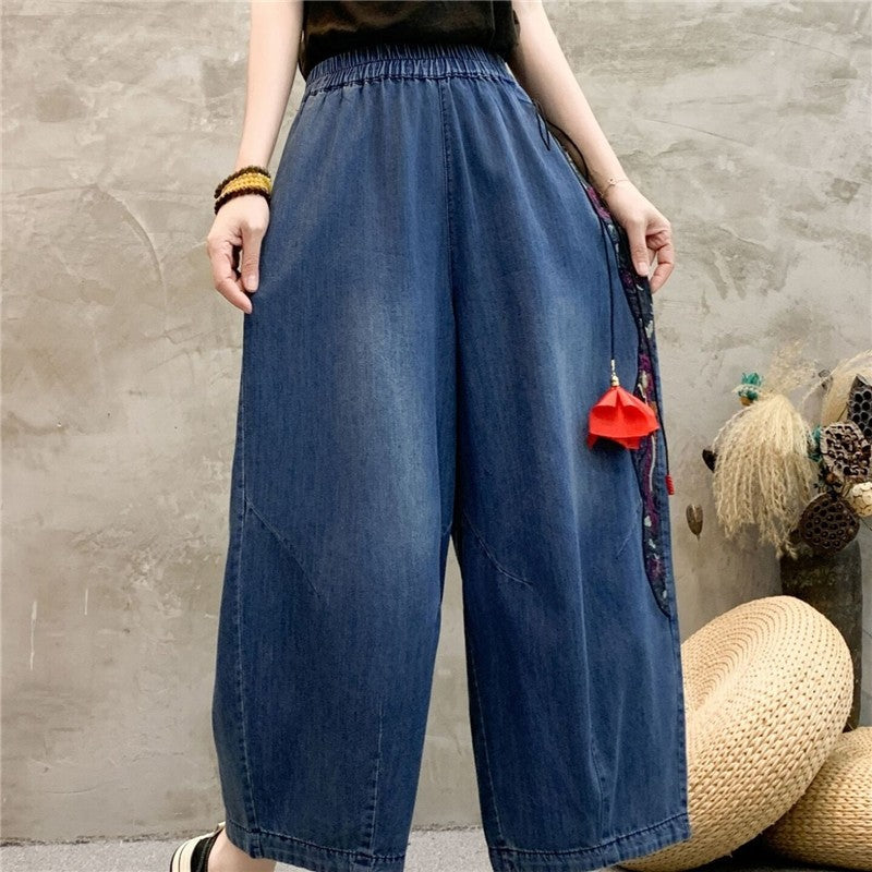 High-Waisted Wide Leg Pants With Embroidery And Tassels
