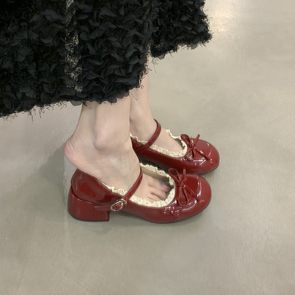 Women's French Lace Bow Mary Jane Shoes | Mid Heel Round Toe PU Leather