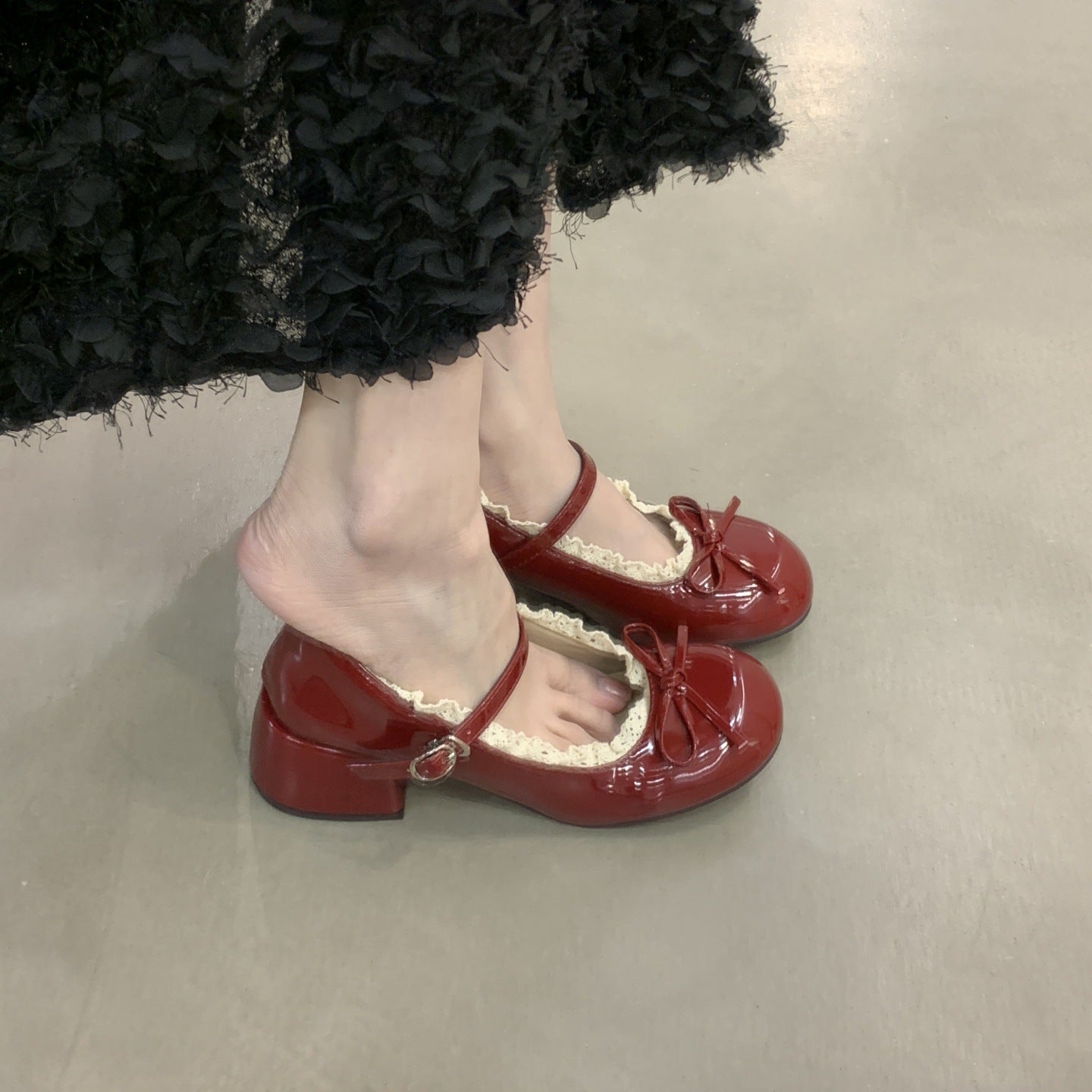 Women's French Lace Bow Mary Jane Shoes | Mid Heel Round Toe PU Leather