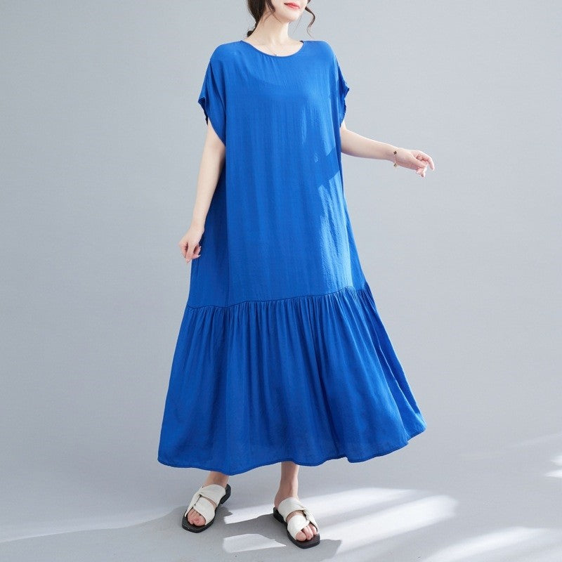 Loose Fit Solid Color Crewneck Short Sleeve Casual Maxi Dress