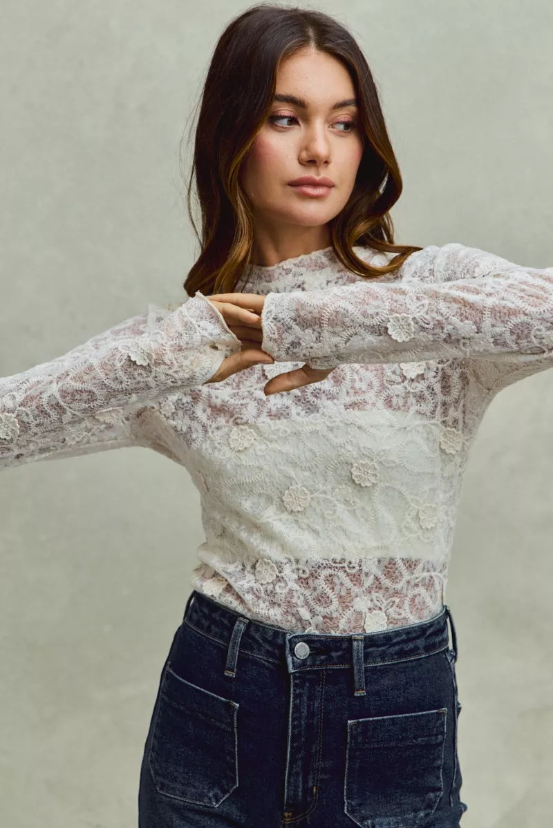 Lace Long Sleeve 3d Effect Floral Layering Top