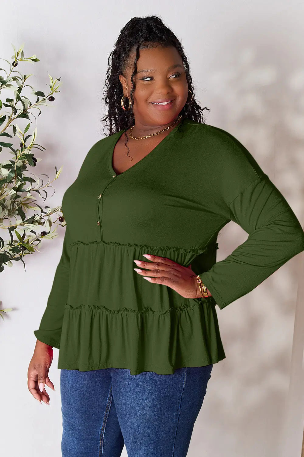 I am a Fashion Junky Take Half Button Long Sleeve Ruffle Hem Blouse