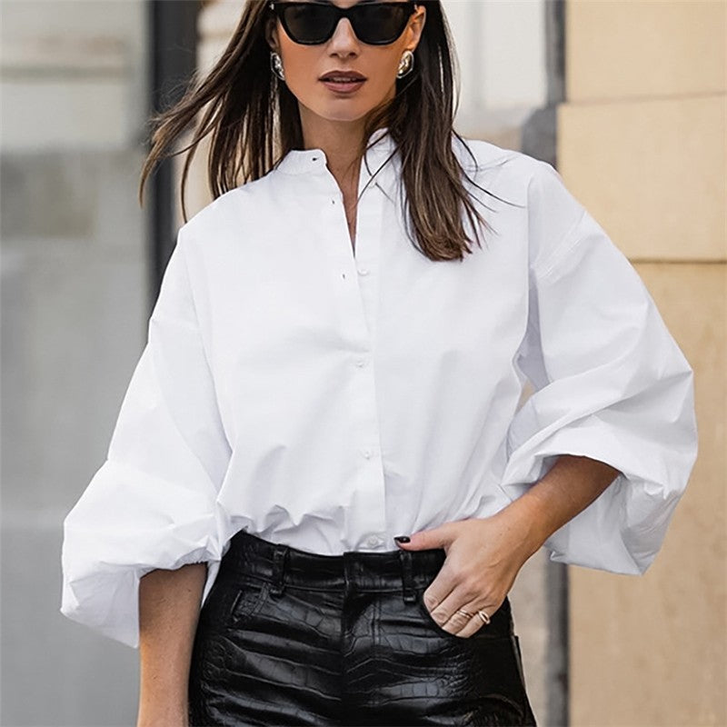 Stylish Commute Shirt with Minimalist Design, Stand Collar, Lantern Sleeves, and Pure Cotton Fabric
