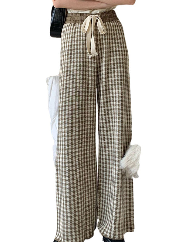 High Waisted Loose Drawstring Elasticity Plaid Pants Trousers