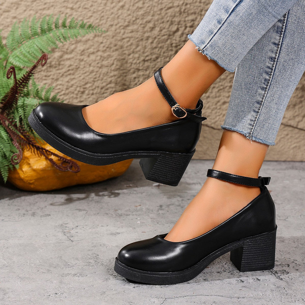 Women's Round Toe Chunky Heel Mary Jane Shoes – Buckle Detail, PU Leather, EU 36–42