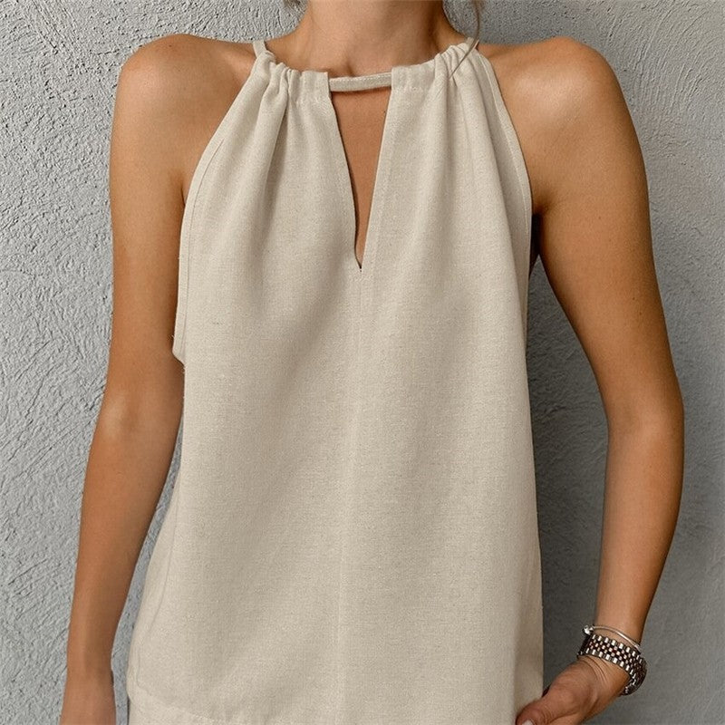 Sleeveless Top and Pants Pajama Set in Solid Color