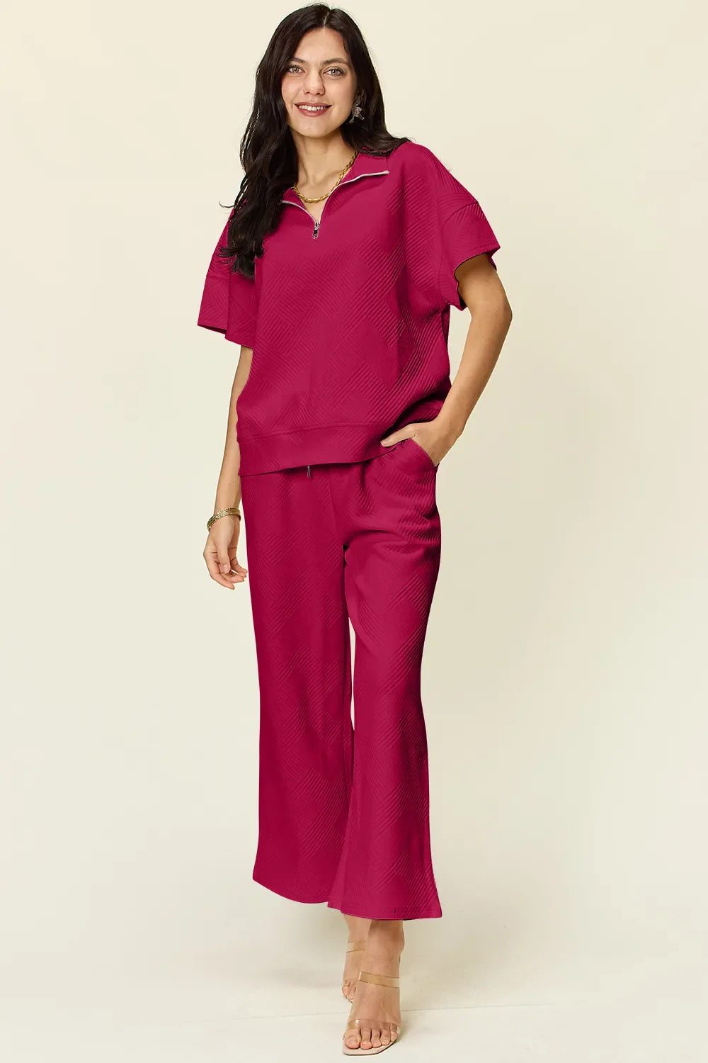 I am a Fashion Junky Full Size Texture Half Zip Short Sleeve Top and Pants Set