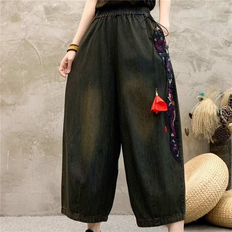 High-Waisted Wide Leg Pants With Embroidery And Tassels