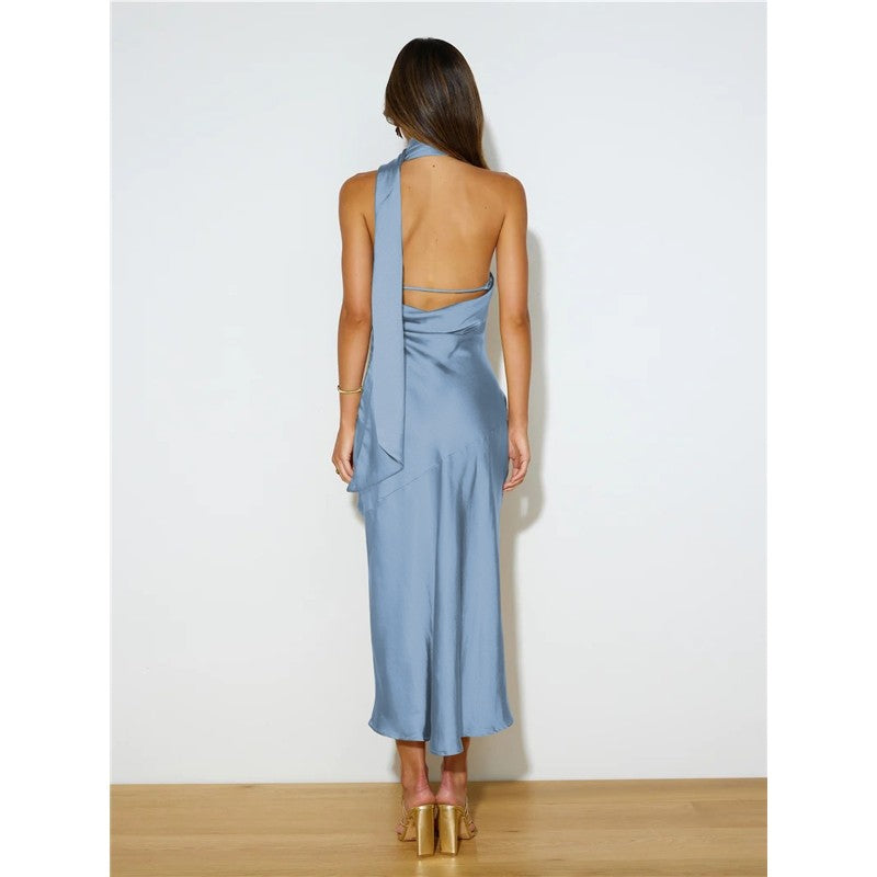 Solid Color Sleeveless  Shawl Collar Backless Satin Maxi Dress