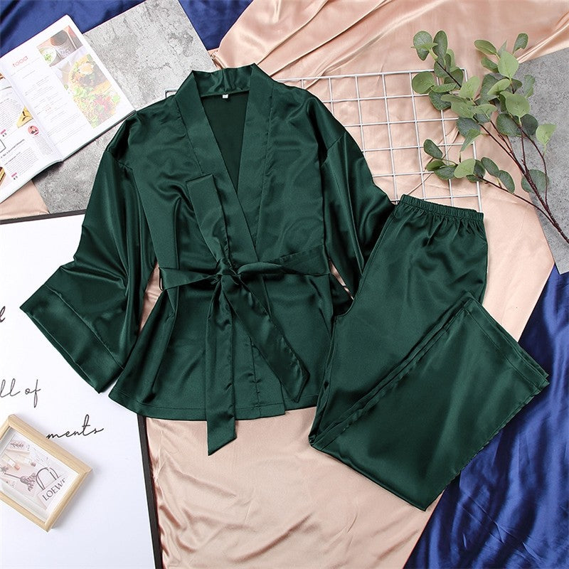 Solid Color Satin Tie Pajama Set