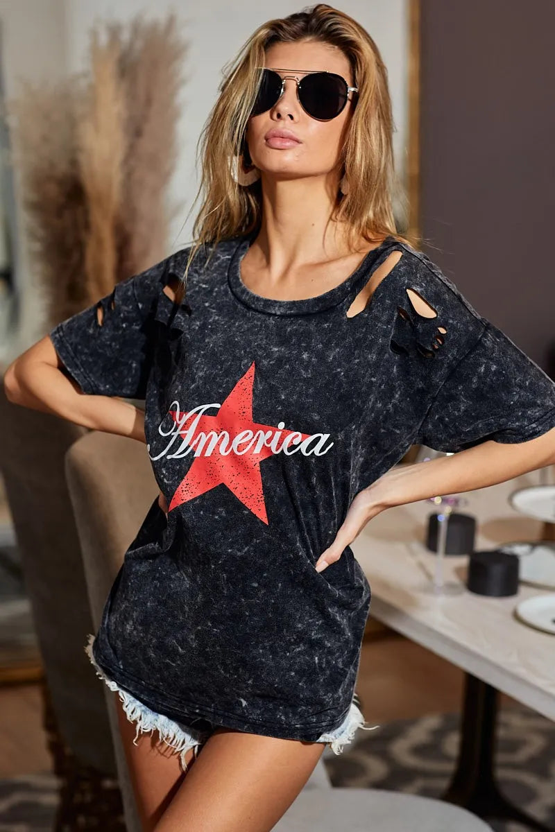Laser Cut Mineral Washed Jersey Top with America