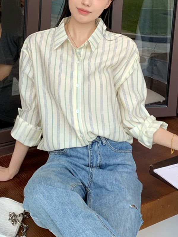 Long Sleeves Loose Buttoned Striped Lapel Blouses&Shirts Tops