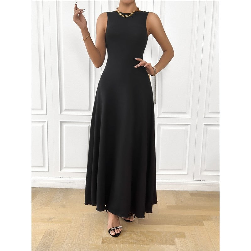 Solid Color Crewneck Sleeveless Backless Bandage Maxi Dress