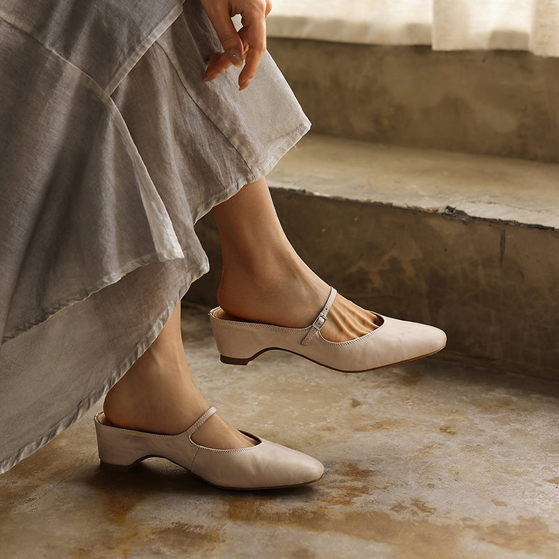 Women's Full Grain Leather Mary Jane Mules | Low Heel Square Toe Slide Sandals