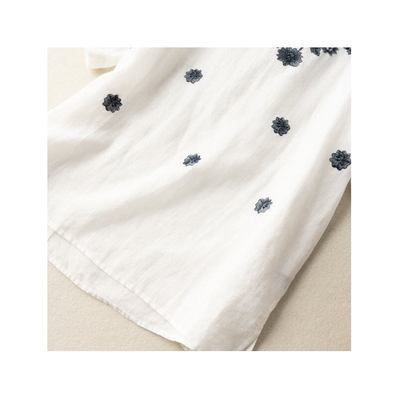 Embroidered Linen-Cotton Relaxed Fit Round Neck T-Shirt