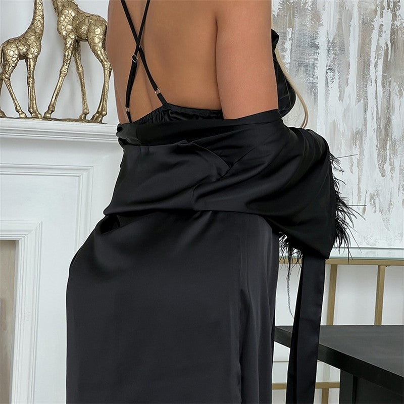 Feather Patchwork Satin Slip Dress with Long Sleeves