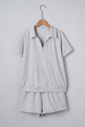 Light Grey Collared V Neck Tee Drawstring Elastic Waist Shorts 2pcs Outfit