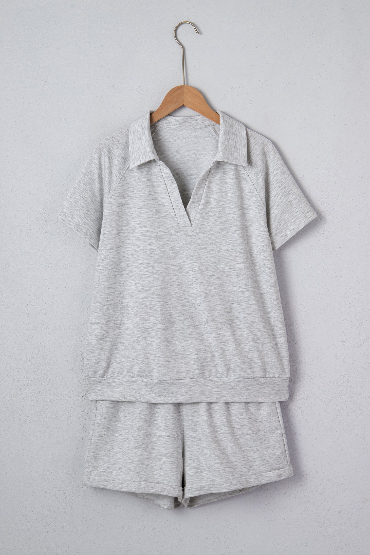 Light Grey Collared V Neck Tee Drawstring Elastic Waist Shorts 2pcs Outfit