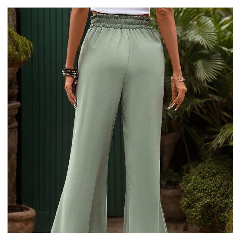 Green Linen Wide-Leg Pants with Adjustable Belt