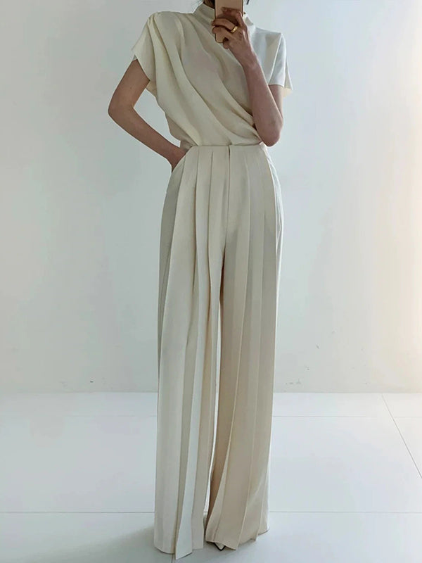 Solid Color High-Waisted Wide-Leg Pleated Urban Pants