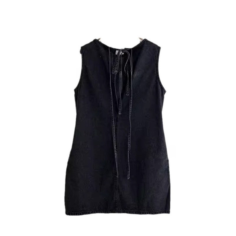 Denim Mini Dress with Sleeveless Design and Drawstring Waist