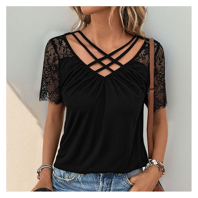 V-Neck Lace Patchwork Casual Short Sleeve Top