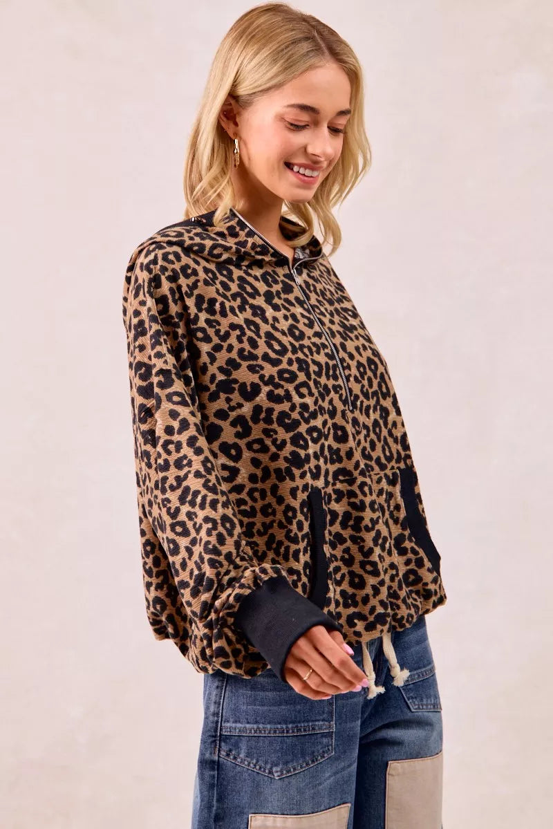Leopard Print Waffle Half Zip Up Hoodie W Pocket
