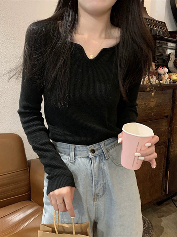 Long Sleeves Skinny Colorful Solid Color V-Neck Knitwear Pullovers Sweater Tops