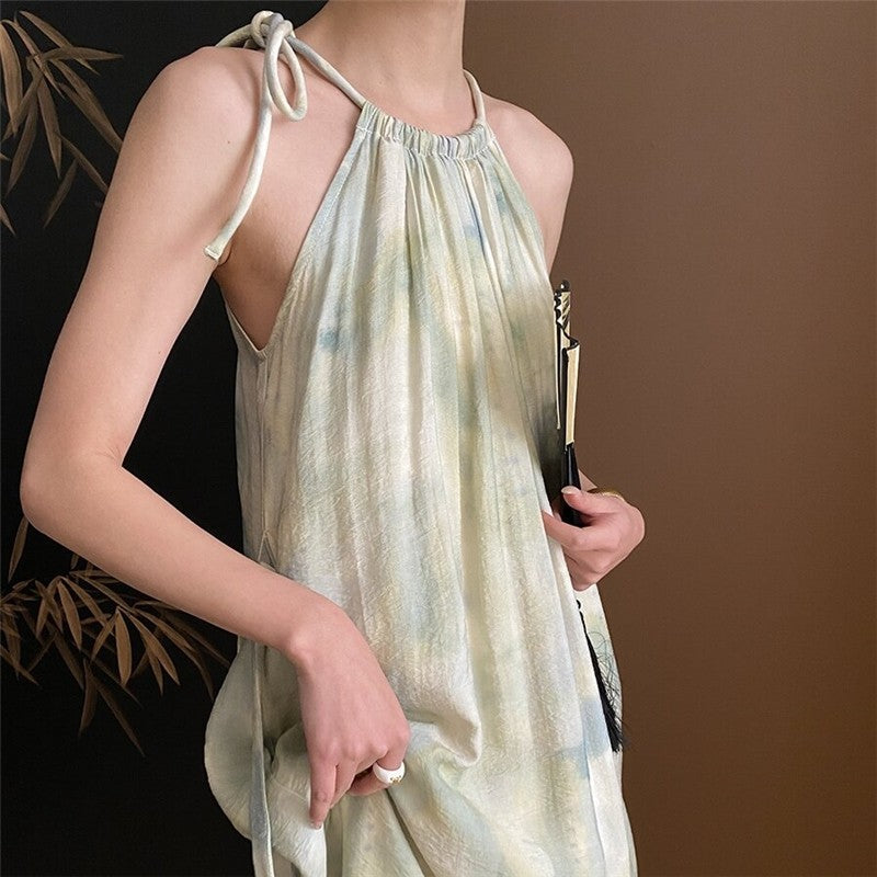 Traditional Chinese Ink Painting Inspired Gradient Drawstring Halterneck Dress