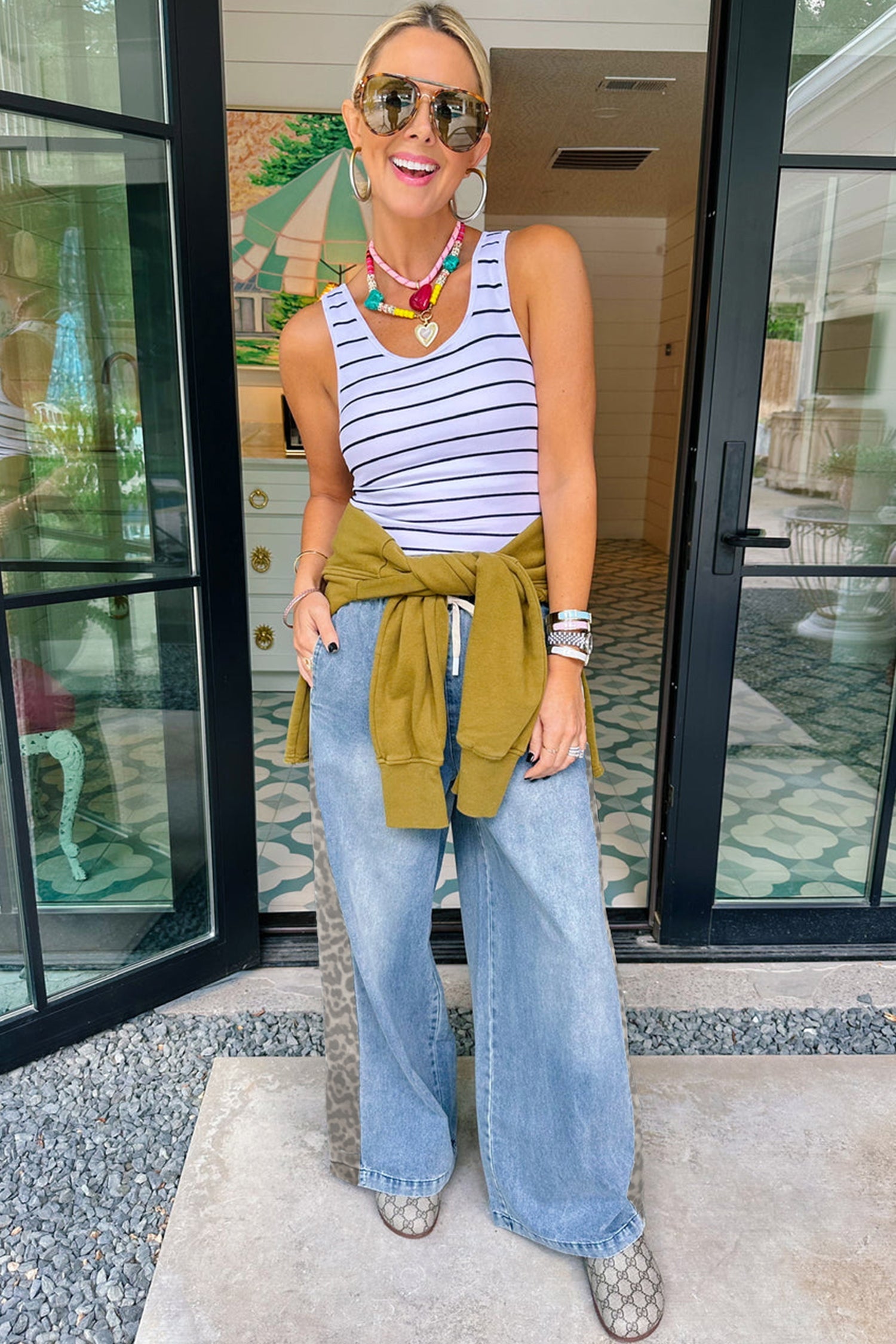 Beau Blue Drawstring Elastic Waist Leopard Striped Side Panel Wide Leg Jeans