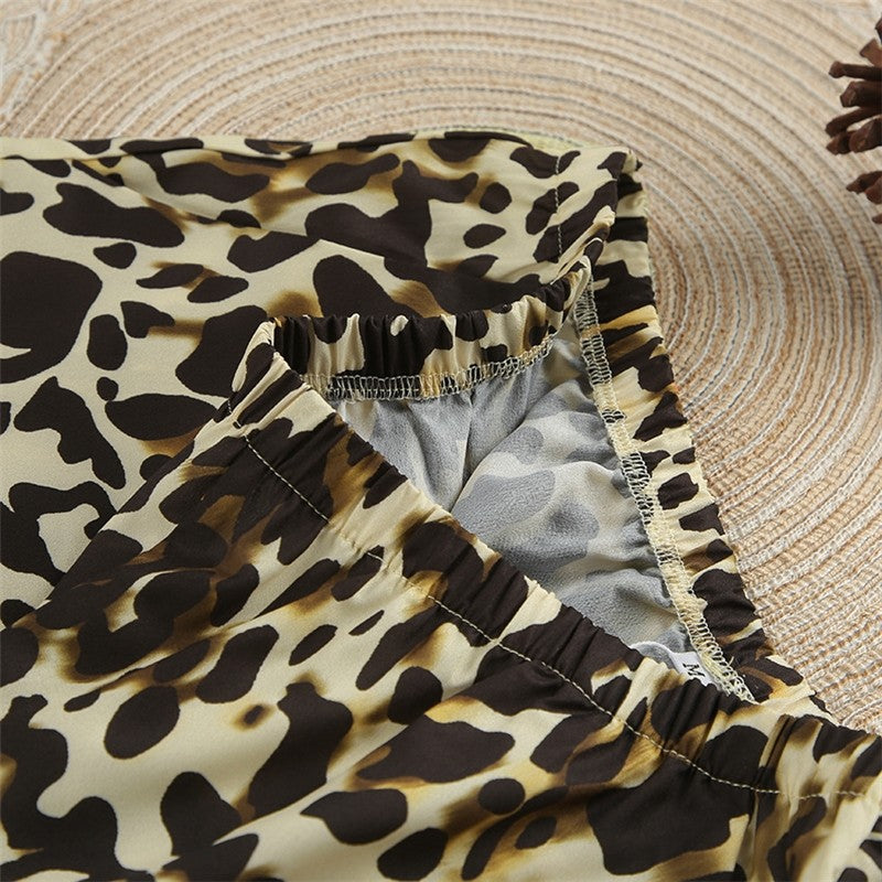 Leopard Print Loose Fit Lapel Long Sleeve Blouse and Ants Two-Piece Lounge Suit