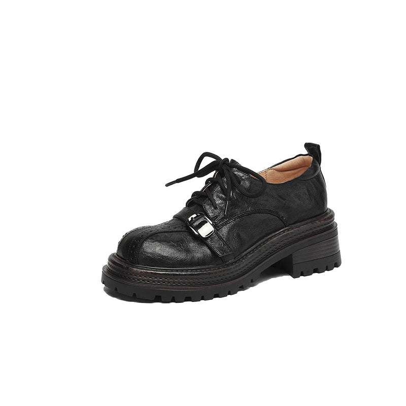 Women's Platform Oxford Shoes | Handmade Full-Grain Sheepskin Chunky Heel Lace-Up Brogues