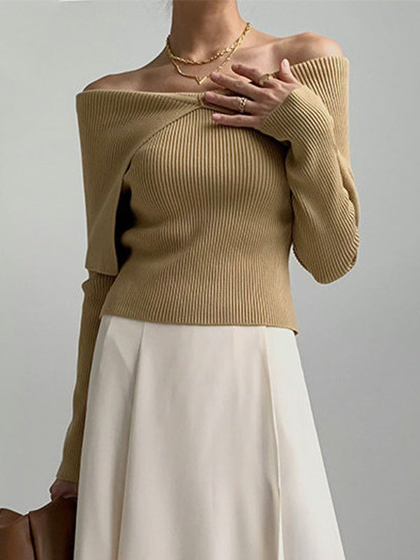 Long Sleeves Skinny Solid Color Lapel Knitted Hats Pullovers Sweater Tops
